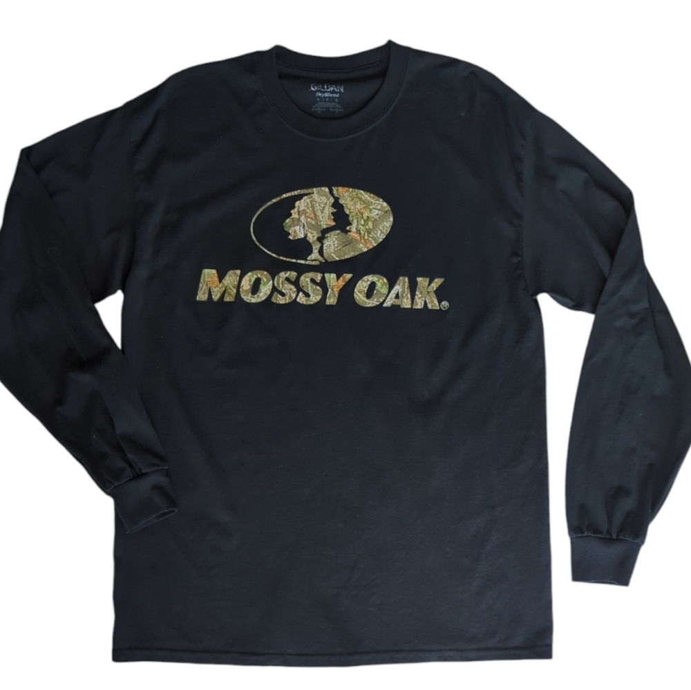Gildan DryBlend Mossy Oak Camouflage Outdoor LS Crewneck T-Shirt L Black Camo